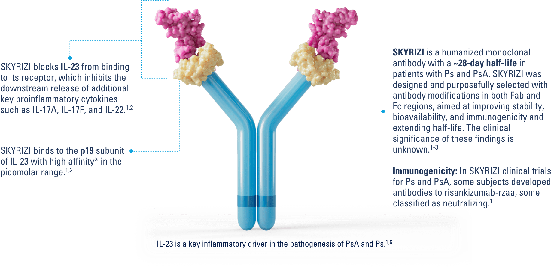 Scientific diagram illustrating the mechanism of action for SKYRIZI. The image shows the humanized monoclonal antibody binding to the p19 subunit of IL-23, which blocks it from binding to its receptor. This action inhibits the release of inflammatory cytokines involved in Psoriasis (Ps) and Psoriatic Arthritis (PsA).